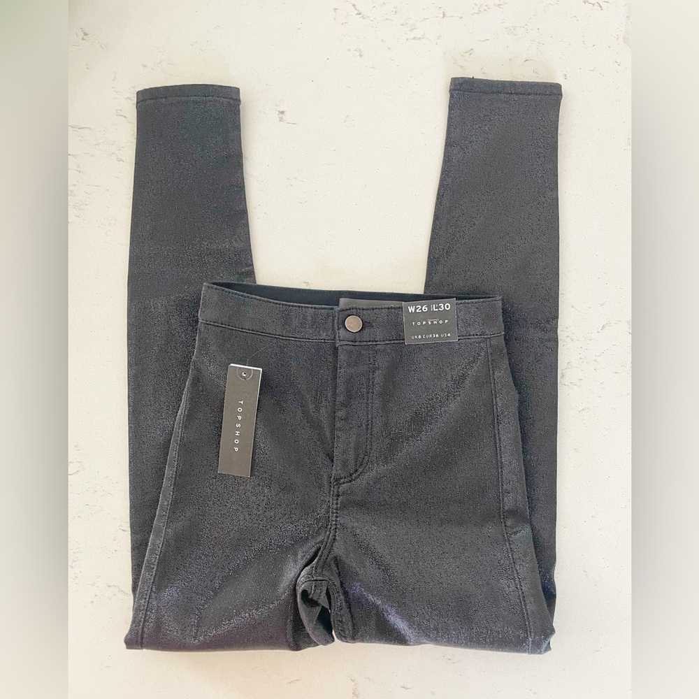 Topshop Black Joni High Waist Disco Glittery Shimmer Pants Size W26 L30 US 4 NWT